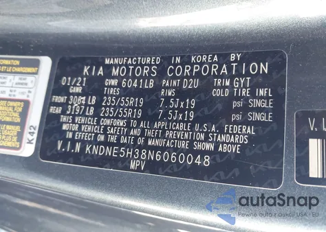 2022 Kia Carnival Mpv Sx Prestige z USA, uszkodzony, nr VIN KNDNE5H38N6060048